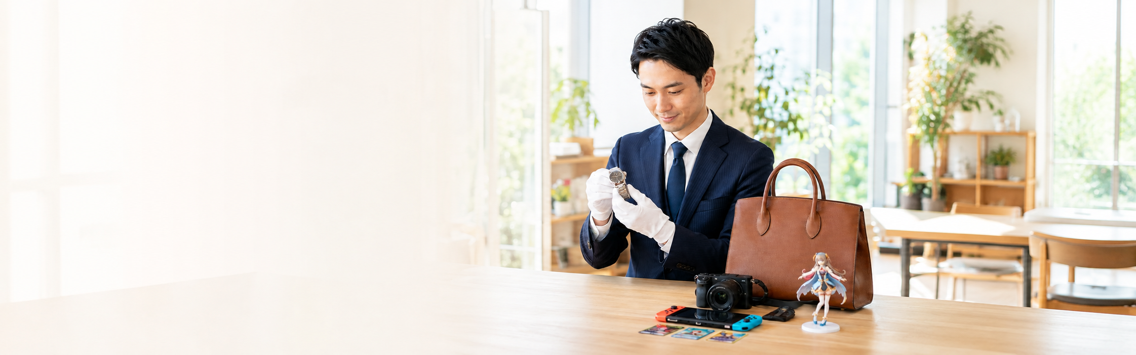 明るい室内で時計を丁寧に査定する査定員と、ブランドバッグ・カメラ・ゲーム・ホビーのイメージ