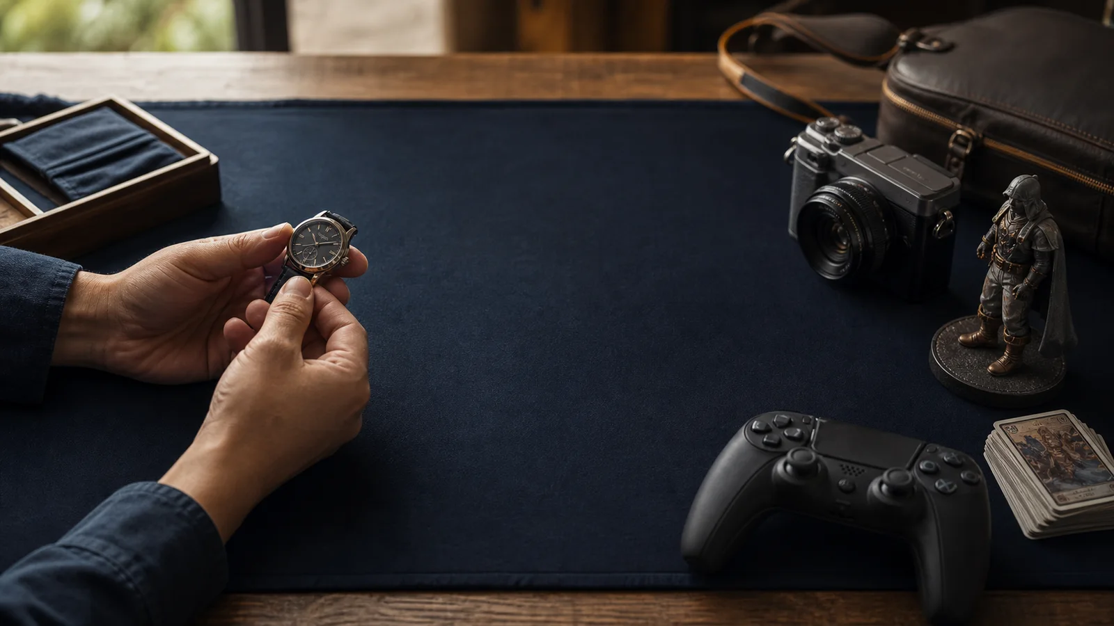 大切に品物を査定する手元と、時計・カメラ・ゲーム・ホビーのイメージ